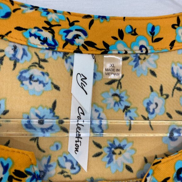 NY Collection XL Yellow Ditsy Floral Pintuck Rolled Sleeve Stretch Popover Top - Picture 2 of 9